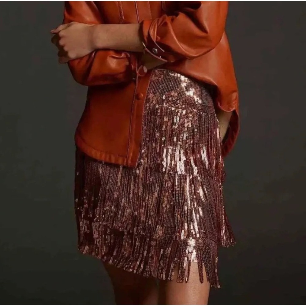 Anthropologie Maeve Fringed Sequined Mini Skirt in Rose sz 6